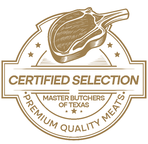 Certified Selection emblem for premium quality meats, featuring a vintage-style ribeye illustration with the text "Master Butchers of Texas" and "Premium Quality Meats." The design resembles a traditional butcher’s seal.