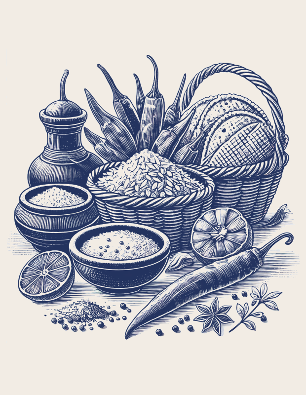 Black-and-white line art illustration of traditional Mexican ingredients, including dried and fresh chilies, a clay bowl of spices, and a woven basket of handmade tortillas. The composition is clean and balanced, centered with ample white space.